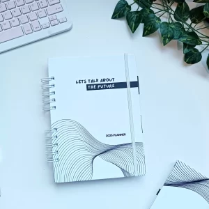 Planner 2025 minimalista preto e branco com divisórias