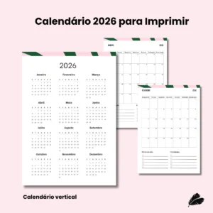Calendário 2026 para imprimir | Vertical ou Horizontal