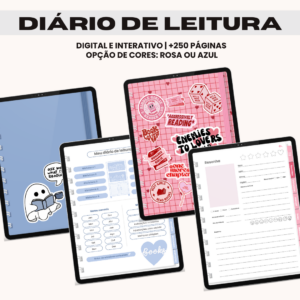 Diário de leitura digital interativo com mais de 200 páginas nas opções de arquivo em rosa ou azul
