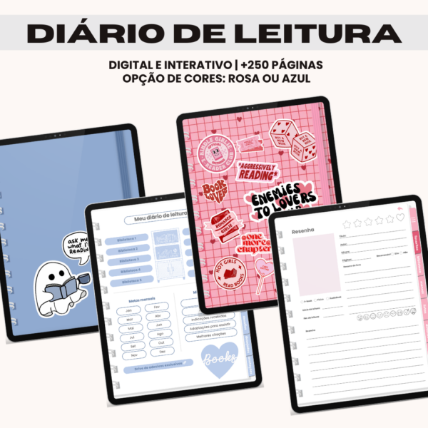 Diário de leitura digital interativo com mais de 200 páginas nas opções de arquivo em rosa ou azul